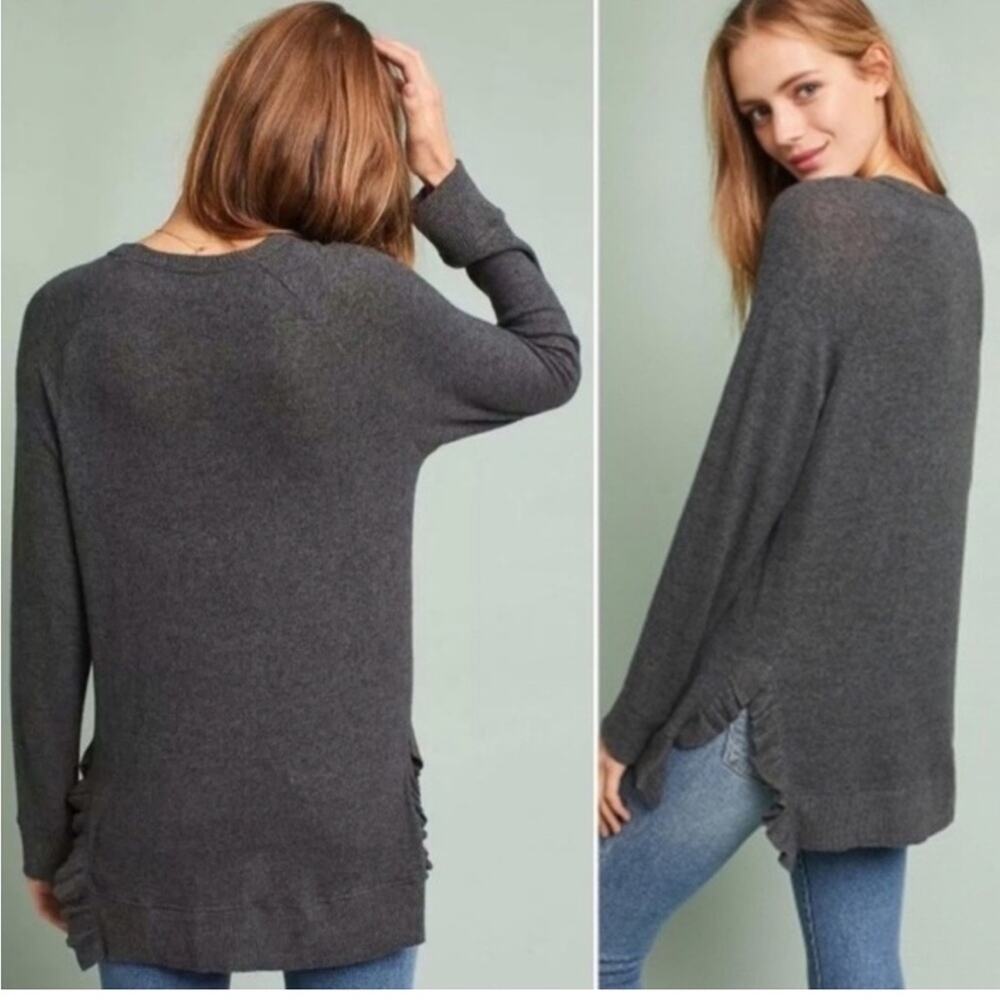 ANTHROPOLOGIE GRAY RUFFLE HEM ULTRA SOFT LONG SLEEVE SWEATER SIZE XS